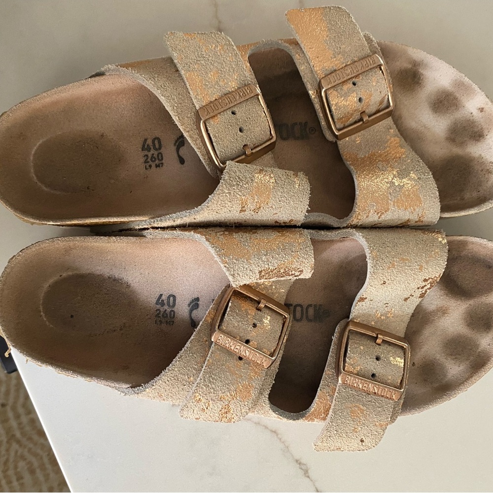 Birkenstock Sandals in antiqued rose gold with Gold Buckles